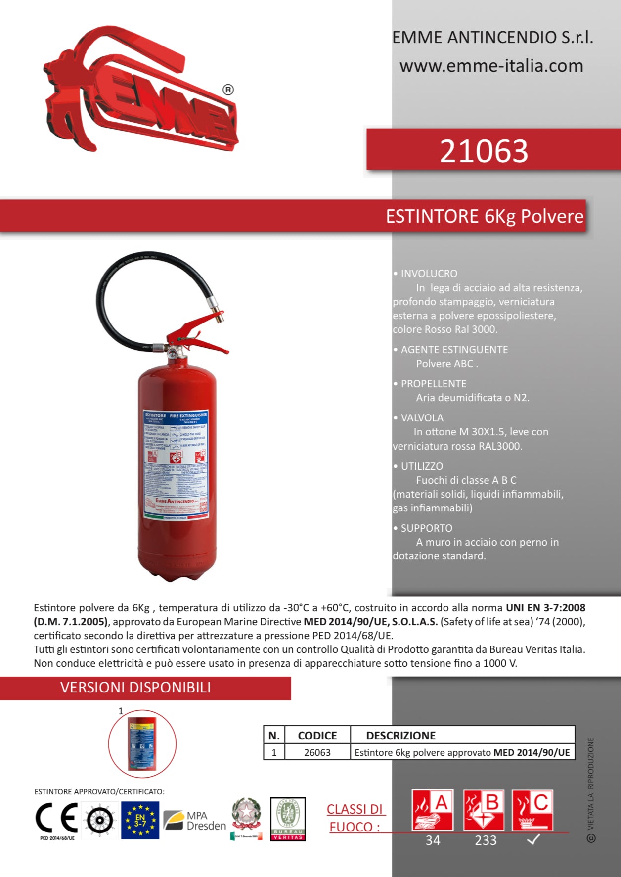Estintore 6 Kg Polvere ABC - Certificato CE | Classe 34A 233B C