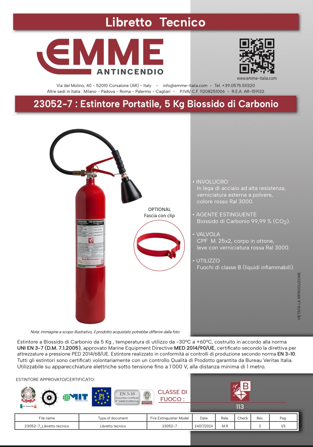 Estintore Portatile da 5 Kg a Biossido di Carbonio (CO₂)