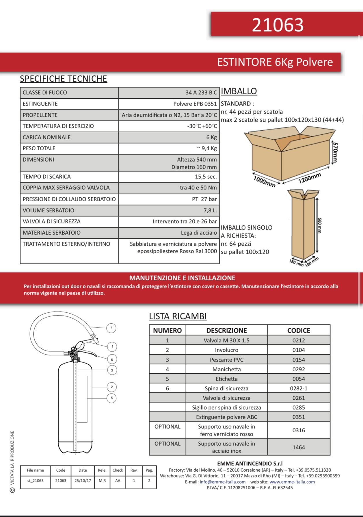 Estintore 6 Kg Polvere ABC - Certificato CE | Classe 34A 233B C